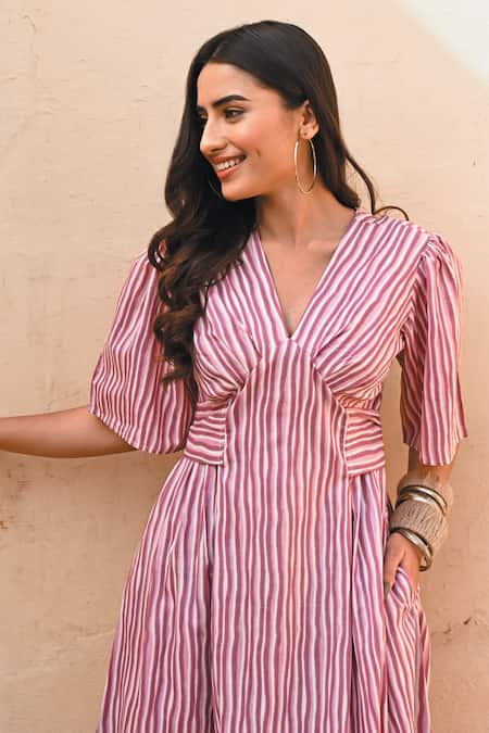 Buy Gulaal Pink Cotton V-neck Stripe Print Midi Dress Online at Aza Fashions Buy_Gulaal_Pink Cotton V-neck Stripe Print Midi Dress _Online_at_Aza_Fashions
