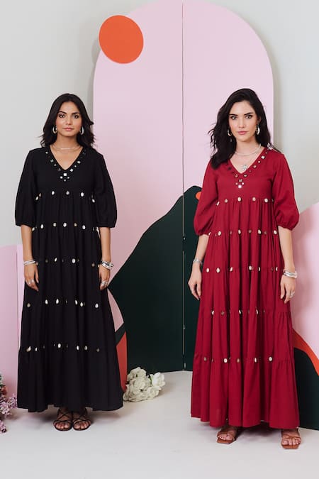 Gulaal Black Cotton V-neck Mirror Embroidered Tiered Maxi Dress Online at Aza Fashions Gulaal_Black Cotton V-neck Mirror Embroidered Tiered Maxi Dress _Online_at_Aza_Fashions