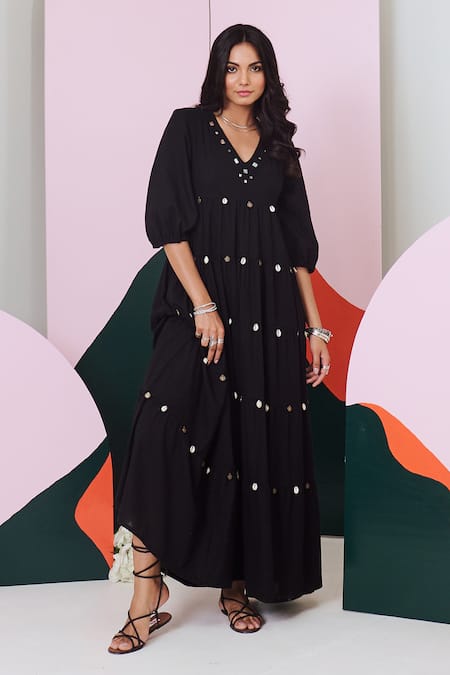 Buy Gulaal Black Cotton V-neck Mirror Embroidered Tiered Maxi Dress Online at Aza Fashions Buy_Gulaal_Black Cotton V-neck Mirror Embroidered Tiered Maxi Dress _Online_at_Aza_Fashions