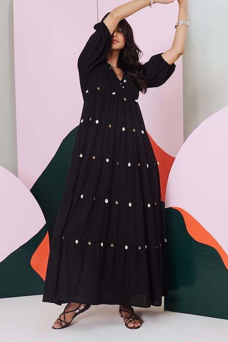 Shop Gulaal Black Cotton V-neck Mirror Embroidered Tiered Maxi Dress Online at Aza Fashions Shop_Gulaal_Black Cotton V-neck Mirror Embroidered Tiered Maxi Dress _Online_at_Aza_Fashions