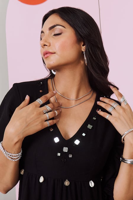 Gulaal Black Cotton V-neck Mirror Embroidered Tiered Maxi Dress at Aza Fashions Gulaal_Black Cotton V-neck Mirror Embroidered Tiered Maxi Dress _at_Aza_Fashions