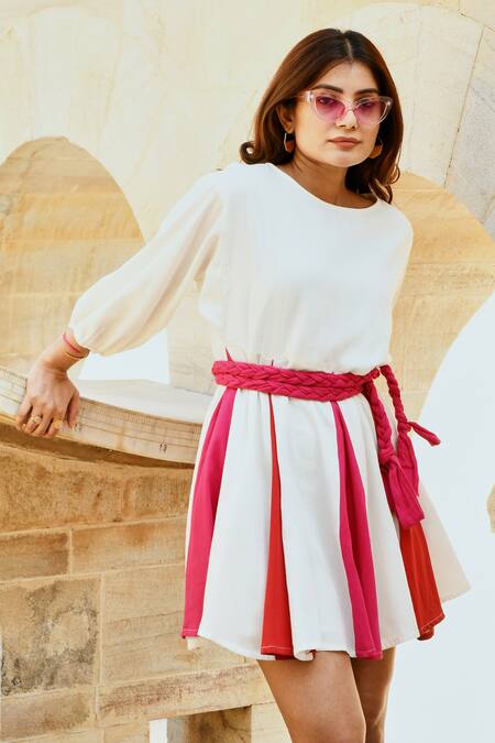 Gulaal_White Cotton Boat Panelled Short Dress With Belt_at_Aza_Fashions