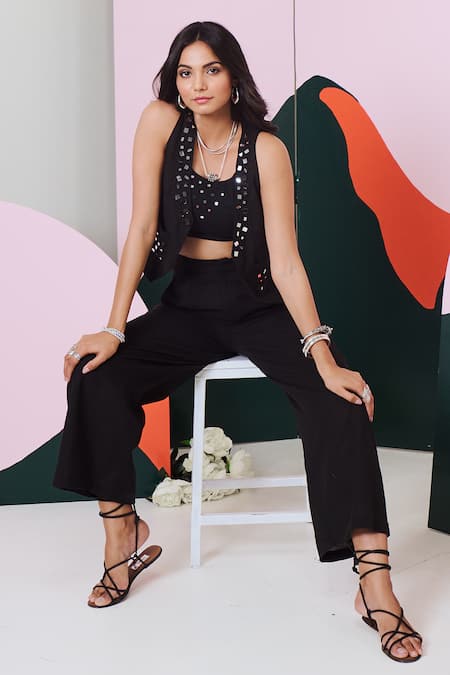 Shop Gulaal Black Cotton Mirrors Round , Open Embroidered Jacket Pant Set at Aza Fashions Shop_Gulaal_Black Cotton Mirrors Round , Open Embroidered Jacket Pant Set _at_Aza_Fashions