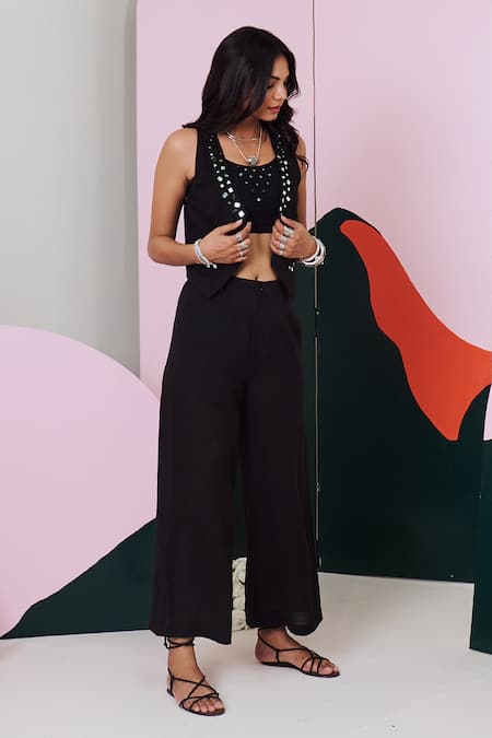 Gulaal Black Cotton Mirrors Round , Open Embroidered Jacket Pant Set Online at Aza Fashions Gulaal_Black Cotton Mirrors Round , Open Embroidered Jacket Pant Set _Online_at_Aza_Fashions