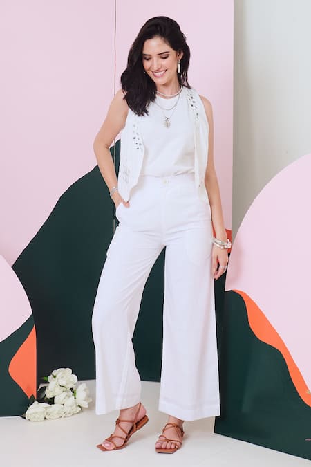 Shop Gulaal White Cotton Mirrors Open Neck, Round Sleeveless Embroidered Jacket Pant Set at Aza Fashions Shop_Gulaal_White Cotton Mirrors Open Neck, Round Sleeveless Embroidered Jacket Pant Set _at_Aza_Fashions