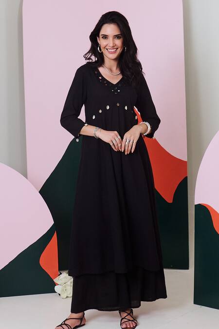 Gulaal Black Cotton Mirrors V-neck Embroidered Anarkali Palazzo Set Online at Aza Fashions Gulaal_Black Cotton Mirrors V-neck Embroidered Anarkali Palazzo Set _Online_at_Aza_Fashions
