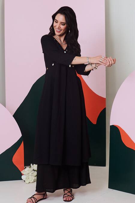 Buy Gulaal Black Cotton Mirrors V-neck Embroidered Anarkali Palazzo Set Online at Aza Fashions Buy_Gulaal_Black Cotton Mirrors V-neck Embroidered Anarkali Palazzo Set _Online_at_Aza_Fashions