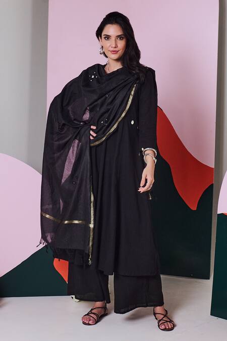 Shop Gulaal Black Cotton Mirrors V-neck Embroidered Anarkali Palazzo Set Online at Aza Fashions Shop_Gulaal_Black Cotton Mirrors V-neck Embroidered Anarkali Palazzo Set _Online_at_Aza_Fashions