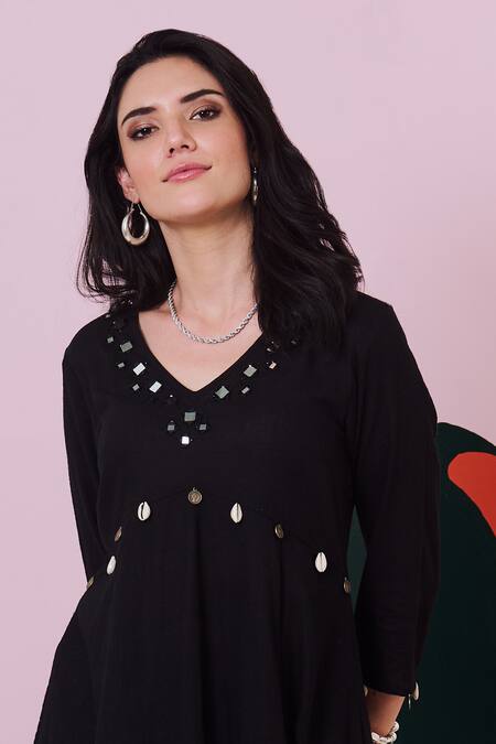 Gulaal Black Cotton Mirrors V-neck Embroidered Anarkali Palazzo Set at Aza Fashions Gulaal_Black Cotton Mirrors V-neck Embroidered Anarkali Palazzo Set _at_Aza_Fashions