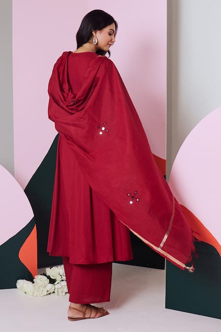 Shop Gulaal Maroon Cotton Mirrors V-neck Embroidered Anarkali Palazzo Set at Aza Fashions Shop_Gulaal_Maroon Cotton Mirrors V-neck Embroidered Anarkali Palazzo Set _at_Aza_Fashions
