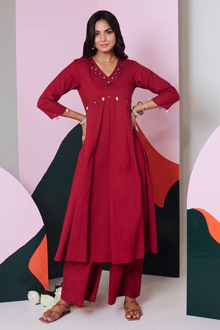 Gulaal Maroon Cotton Mirrors V-neck Embroidered Anarkali Palazzo Set Online at Aza Fashions Gulaal_Maroon Cotton Mirrors V-neck Embroidered Anarkali Palazzo Set _Online_at_Aza_Fashions