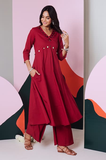 Buy Gulaal Maroon Cotton Mirrors V-neck Embroidered Anarkali Palazzo Set Online at Aza Fashions Buy_Gulaal_Maroon Cotton Mirrors V-neck Embroidered Anarkali Palazzo Set _Online_at_Aza_Fashions