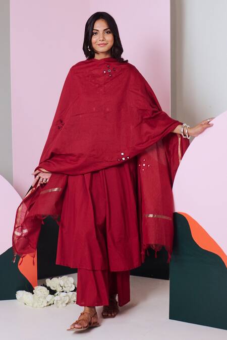 Shop Gulaal Maroon Cotton Mirrors V-neck Embroidered Anarkali Palazzo Set Online at Aza Fashions Shop_Gulaal_Maroon Cotton Mirrors V-neck Embroidered Anarkali Palazzo Set _Online_at_Aza_Fashions