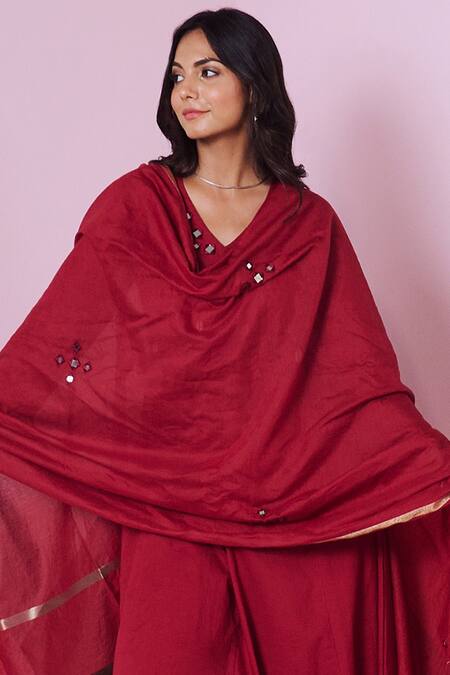 Gulaal Maroon Cotton Mirrors V-neck Embroidered Anarkali Palazzo Set at Aza Fashions Gulaal_Maroon Cotton Mirrors V-neck Embroidered Anarkali Palazzo Set _at_Aza_Fashions