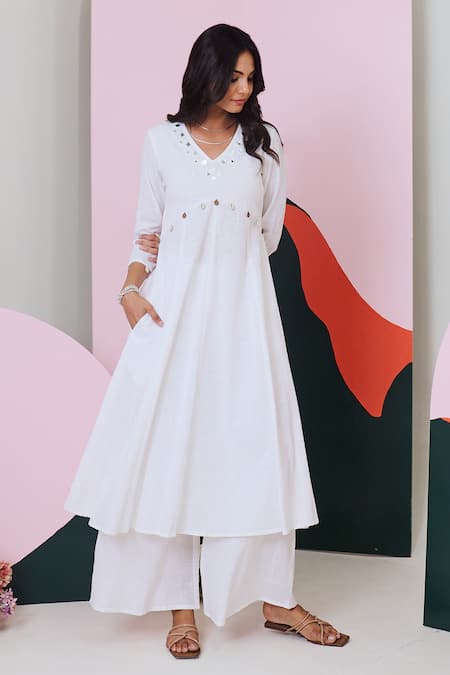 Shop Gulaal White Cotton Mirrors V-neck Embellished Anarkali Set at Aza Fashions Shop_Gulaal_White Cotton Mirrors V-neck Embellished Anarkali Set _at_Aza_Fashions