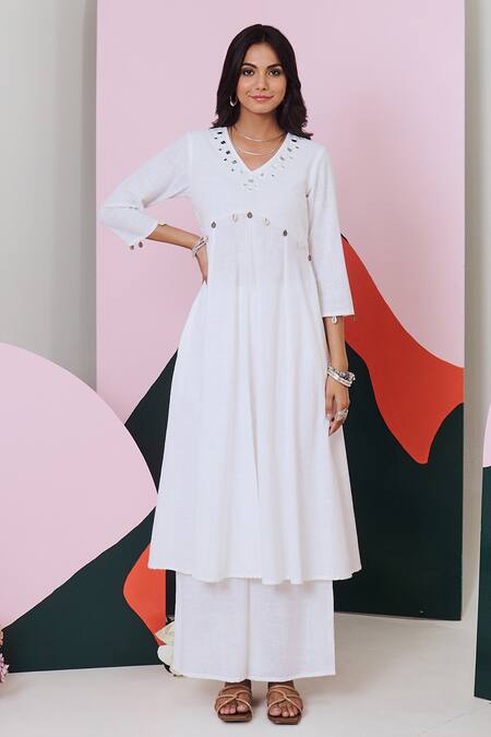 Gulaal White Cotton Mirrors V-neck Embellished Anarkali Set Online at Aza Fashions Gulaal_White Cotton Mirrors V-neck Embellished Anarkali Set _Online_at_Aza_Fashions