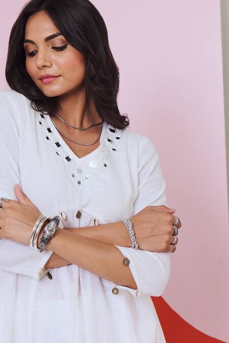 Buy Gulaal White Cotton Mirrors V-neck Embellished Anarkali Set Online at Aza Fashions Buy_Gulaal_White Cotton Mirrors V-neck Embellished Anarkali Set _Online_at_Aza_Fashions