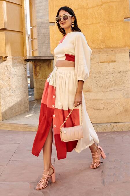 Shop Gulaal White Cotton Boat Neck Color Blocked Top And Skirt Set Online at Aza Fashions Shop_Gulaal_White Cotton Boat Neck Color Blocked Top And Skirt Set _Online_at_Aza_Fashions