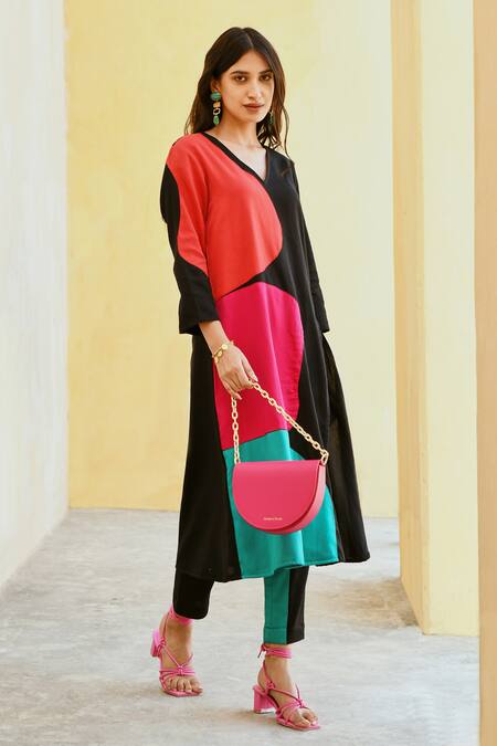 Buy_Gulaal_Black Cotton V-neck A-line Patchwork Kurta And Pant Set _Online_at_Aza_Fashions