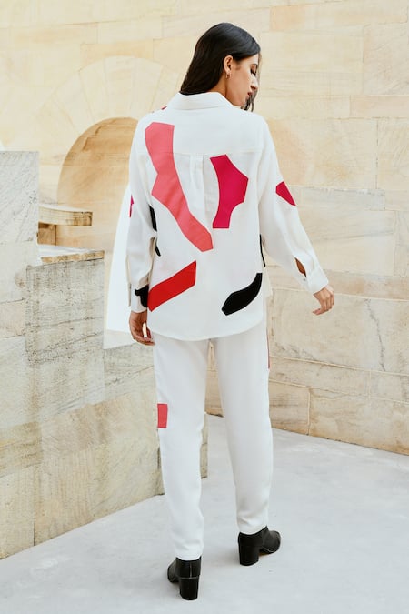 Gulaal White Cotton Collared Patchwork Button Down Shirt Online at Aza Fashions Gulaal_White Cotton Collared Patchwork Button Down Shirt _Online_at_Aza_Fashions