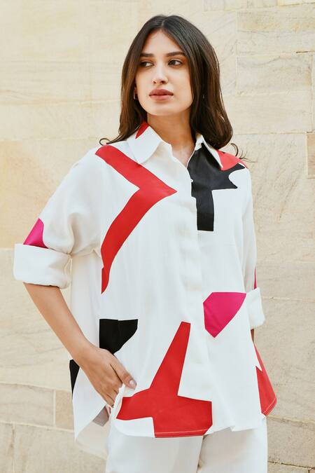 Shop Gulaal White Cotton Collared Patchwork Button Down Shirt Online at Aza Fashions Shop_Gulaal_White Cotton Collared Patchwork Button Down Shirt _Online_at_Aza_Fashions