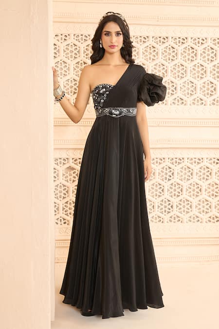 Aariyana Couture Black Crepe Hand Embroidered Floral Patterns Asymmetric One Shoulder Gown 