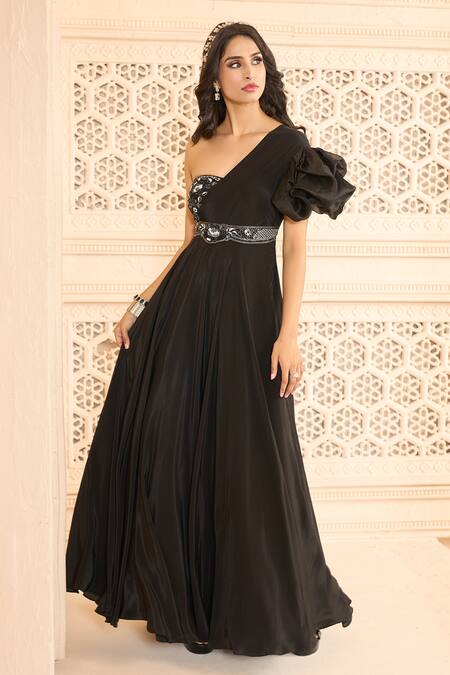 Buy Aariyana Couture Black Crepe Embroidery Asymmetric One Shoulder Floral Hand Gown Online at Aza Fashions Buy_Aariyana Couture_Black Crepe Embroidery Asymmetric One Shoulder Floral Hand Gown_Online_at_Aza_Fashions