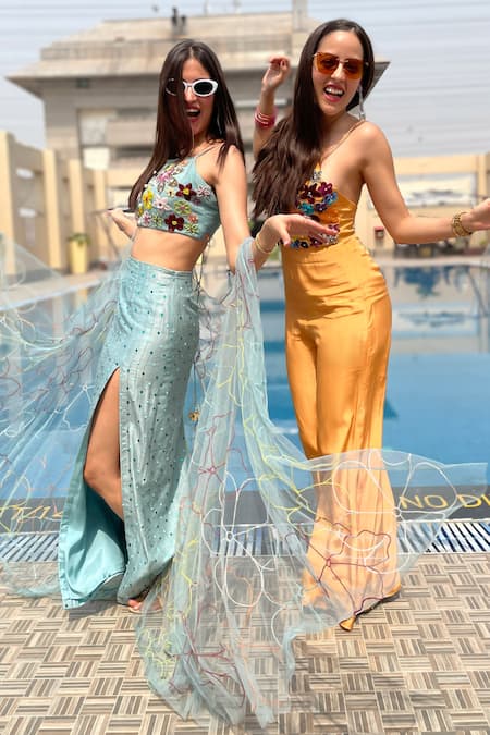 Shop Kiran Kalsi Blue Tulle, Silk Embroidery Square Neck Floral Cape And Skirt Set Online at Aza Fashions Shop_Kiran Kalsi_Blue Tulle, Silk Embroidery Square Neck Floral Cape And Skirt Set _Online_at_Aza_Fashions