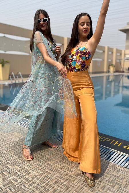 Buy Kiran Kalsi Blue Tulle, Silk Embroidery Square Neck Floral Cape And Skirt Set Buy_Kiran Kalsi_Blue Tulle, Silk Embroidery Square Neck Floral Cape And Skirt Set