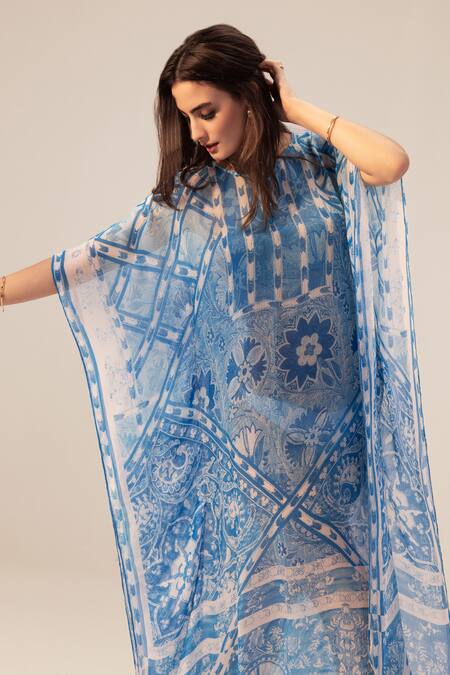 Reena Sharma_Blue Georgette Keyhole Neck Aisha Floral Print Kaftan _Online_at_Aza_Fashions