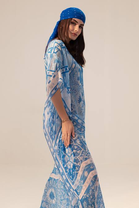 Buy_Reena Sharma_Blue Georgette Keyhole Neck Aisha Floral Print Kaftan _Online_at_Aza_Fashions