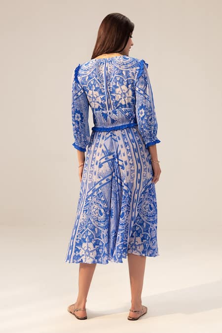 Shop_Reena Sharma_Blue Georgette Embroidery Plunge Neck Blossom Print Dress _at_Aza_Fashions