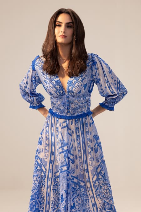Reena Sharma_Blue Georgette Embroidery Plunge Neck Blossom Print Dress _Online_at_Aza_Fashions