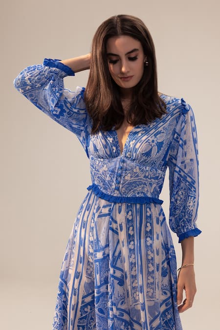 Buy_Reena Sharma_Blue Georgette Embroidery Plunge Neck Blossom Print Dress _Online_at_Aza_Fashions