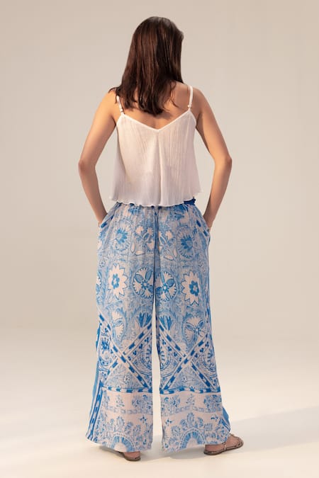 Shop Reena Sharma Blue Cotton, Crepe Aisha Botanic Print Pant at Aza Fashions Shop_Reena Sharma_Blue Cotton, Crepe Aisha Botanic Print Pant _at_Aza_Fashions