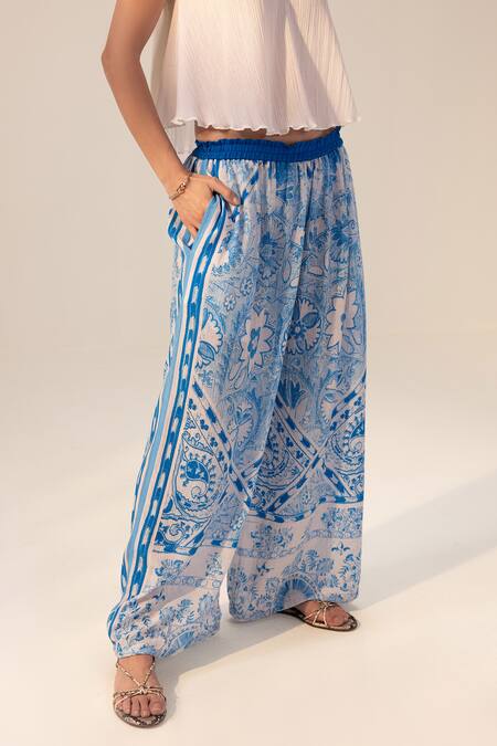 Buy Reena Sharma Blue Cotton, Crepe Aisha Botanic Print Pant Online at Aza Fashions Buy_Reena Sharma_Blue Cotton, Crepe Aisha Botanic Print Pant _Online_at_Aza_Fashions