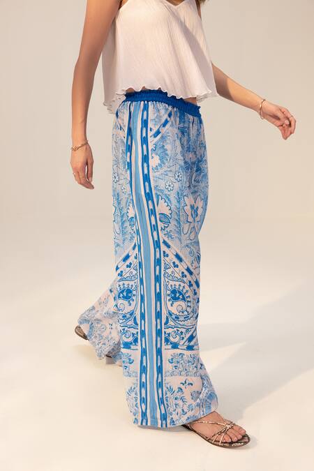 Shop Reena Sharma Blue Cotton, Crepe Aisha Botanic Print Pant Online at Aza Fashions Shop_Reena Sharma_Blue Cotton, Crepe Aisha Botanic Print Pant _Online_at_Aza_Fashions