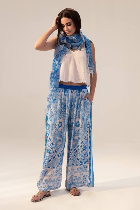 Reena Sharma Blue Cotton, Crepe Aisha Botanic Print Pant at Aza Fashions Reena Sharma_Blue Cotton, Crepe Aisha Botanic Print Pant _at_Aza_Fashions