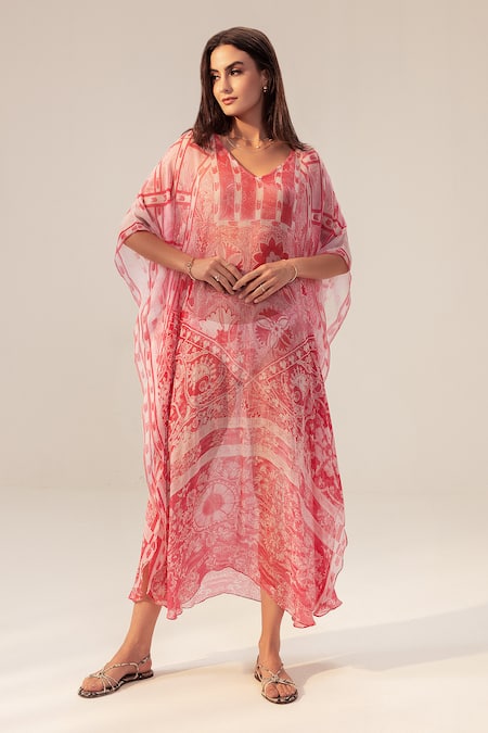 Reena Sharma Pink Georgette V-neck Aisha Floral Blossom Print Kaftan
