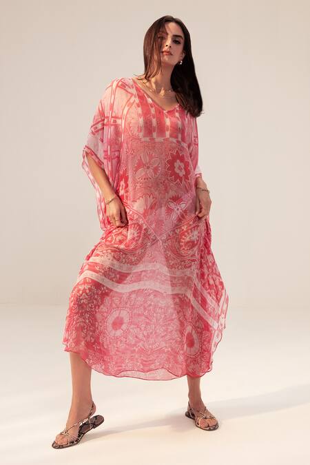 Reena Sharma Pink Georgette V-neck Aisha Floral Blossom Print Kaftan Online at Aza Fashions Reena Sharma_Pink Georgette V-neck Aisha Floral Blossom Print Kaftan _Online_at_Aza_Fashions
