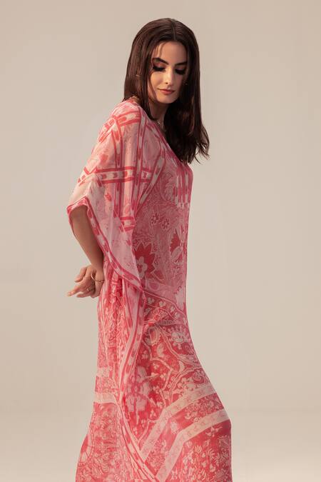 Shop Reena Sharma Pink Georgette V-neck Aisha Floral Blossom Print Kaftan Online at Aza Fashions Shop_Reena Sharma_Pink Georgette V-neck Aisha Floral Blossom Print Kaftan _Online_at_Aza_Fashions