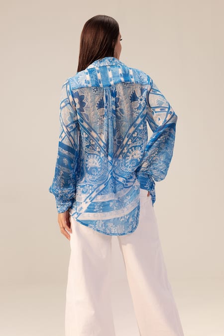 Shop Reena Sharma Blue Georgette Embroidery Collared Aisha Floral Bouquet Print Shirt at Aza Fashions Shop_Reena Sharma_Blue Georgette Embroidery Collared Aisha Floral Bouquet Print Shirt _at_Aza_Fashions