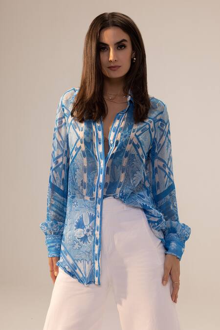 Reena Sharma Blue Georgette Embroidery Collared Aisha Floral Bouquet Print Shirt Online at Aza Fashions Reena Sharma_Blue Georgette Embroidery Collared Aisha Floral Bouquet Print Shirt _Online_at_Aza_Fashions
