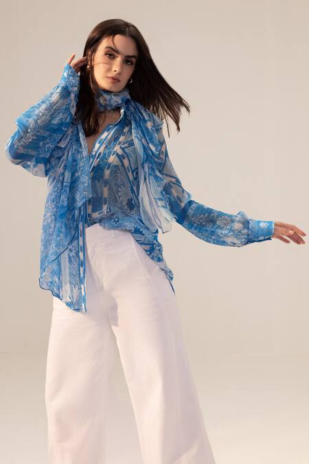 Buy Reena Sharma Blue Georgette Embroidery Collared Aisha Floral Bouquet Print Shirt Online at Aza Fashions Buy_Reena Sharma_Blue Georgette Embroidery Collared Aisha Floral Bouquet Print Shirt _Online_at_Aza_Fashions