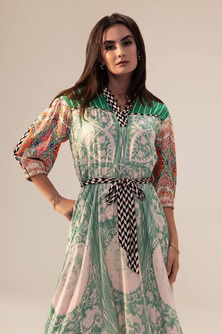 Buy_Reena Sharma_Green Bamboo, Georgette V-neck Elan Blossom Print Dress _Online_at_Aza_Fashions
