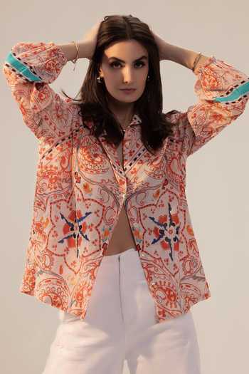 Reena Sharma_Pink Cotton Embroidery Shawl Neck Samara Paisley Print Shirt _Online_at_Aza_Fashions