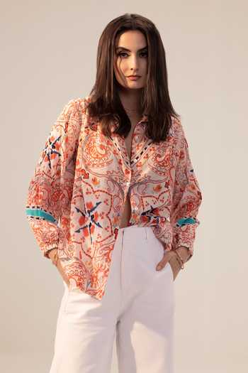 Buy_Reena Sharma_Pink Cotton Embroidery Shawl Neck Samara Paisley Print Shirt _Online_at_Aza_Fashions