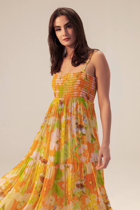 Buy_Reena Sharma_Yellow Bamberg Georgette Printed Floral Square Neck Ahana Cami Dress_Online_at_Aza_Fashions