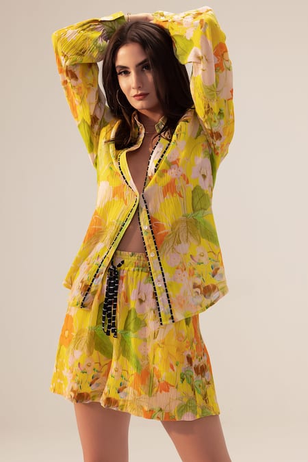 Reena Sharma Yellow Cotton Collared Ahana Floral Print Shirt And Shorts Set Online at Aza Fashions Reena Sharma_Yellow Cotton Collared Ahana Floral Print Shirt And Shorts Set _Online_at_Aza_Fashions