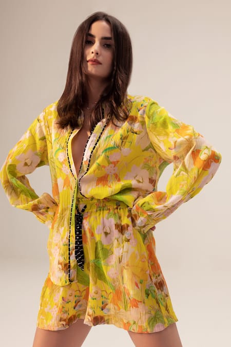 Buy Reena Sharma Yellow Cotton Collared Ahana Floral Print Shirt And Shorts Set Online at Aza Fashions Buy_Reena Sharma_Yellow Cotton Collared Ahana Floral Print Shirt And Shorts Set _Online_at_Aza_Fashions